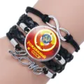 Vintage USSR Soviet theme multi-layer black leather bracelet with glass time gem pendant. - 25mm Black Color / #02