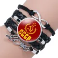 Multi-layer leather bracelet with vintage USSR CCCP glass dome charm and metal love pendant. - 25mm Black Color / #05