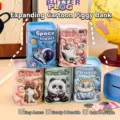 Hucha cuadrada de hojalata con dibujos de panda y gato para ahorros de los niños - Serie Estilo Expansión / 8*8*10.5cm