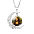 Intricate silver crescent moon necklace featuring a classic Mona Lisa glass gem pendant. - Da Vinci Mona Lisa