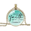 Vintage bronze bead chain necklace with inspirational Christian quote glass pendant - 25mm / Light Green