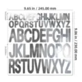 Silver metallic alphabet stickers with detailed size measurements in inches and mm - 1+2 Inch / Bright Silver Uppercase Letters