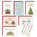 Set of assorted Christmas greeting cards and holiday stickers with festive cartoon designs. - Gold Foil Christmas Card Set / 24 Sheets/Pack