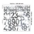 Detailed view of silver metallic number stickers in 1 and 2 inch sizes with dimensions - 1+2 Inch / Bright Silver Numbers