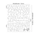 Detailed size chart for 1-inch silver German script alphabet and number sticker sheet - Handwriting (G2) / 1 Inch / Bright Silver