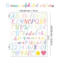 Detailed layout of 1-inch German alphabet vinyl stickers showing full sheet dimensions - Handwriting (G2) / 1 Inch / Macaron Color