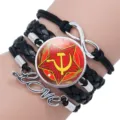 Soviet hammer sickle red star multi-layer braided leather bracelet with love metal charm. - 25mm Black Color / #04