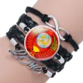 Multi-layer black leather bracelet with USSR emblem glass cabochon and metal charms. - 25mm Black Color / #07