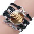 Retro USSR theme multi-layer black leather braided bracelet with glass cabochon pendant - 25mm Black Color / Double Dangle Disc