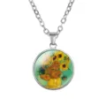 Van Gogh Sunflowers art glass pendant necklace silver chain vintage jewelry detail view - Sunflower