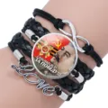 Multi-layer black leather bracelet with Soviet Stalin glass cabochon pendant and infinity charm. - 25mm Black Color / Floral & Stripe
