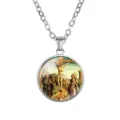Detailed close-up of the vintage religious art glass cabochon pendant necklace with silver chain. - Jesus Crucifix