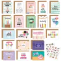 Detailed view of birthday card set with various designs, envelopes, and stickers - Birthday Cards 20 Pieces-02