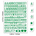 Waterproof green alphabet and number sticker sheet with detailed size dimensions shown - Clear / 0.5 Inch / Green