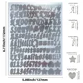 Detailed size chart showing dimensions of silver glittery alphabet and number stickers - Retro Font (0.5) / Bright Silver