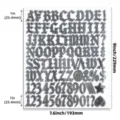 Detailansicht von 1-Zoll gotischen Buchstaben- und Zahlenaufklebern mit Maßangaben. - Spiegelsilber Gotik / 1 Zoll / Hellsilber
