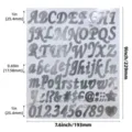 Detail view of silver foil letter and number stickers with size measurements in inches and mm - Vintage Font / 1 Inch / Bright Silver