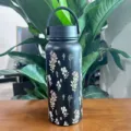 Gourde isotherme en acier inoxydable noir 304 avec motif floral et poignée de transport - Noir Floral (Fig 3) / 1000ml / Noir