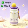 Borraccia termica viola da 500 ml in acciaio inossidabile 316 con stelle e cannuccia - Palla con Tazza / 500ml / Viola