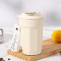 Insulated 316 stainless steel octagonal coffee mug in cream color with carry strap handle - 316 Stainless Steel Vacuum Style / 450ml / White