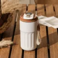Portable 316 stainless steel vacuum coffee cup with LED temperature display and strap - Smart Temp Display / 450ml / Matte White Coffee