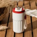 Smart 316 stainless steel vacuum insulated coffee mug with white finish and temp display - Smart Temp Display Travel Style / 450ml / Mist White Red