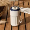 Cream white 316 stainless steel thermal coffee mug with digital temperature display - Smart Temp Display Travel Style / 450ml / Mist White Blue