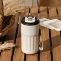 Cream white 316 stainless steel insulated coffee mug with LED temperature display and strap - Smart Temp Display Travel Style / 450ml / Mist White Black
