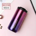 Insulated 400ml stainless steel coffee tumbler with gradient pink finish and black lid - 400ml / Direct Drinking Type / Gradient Red