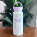 Large capacity white stainless steel vacuum water bottle featuring a purple bow and floral pattern - Purple Lid Bowknot (Graph 1)