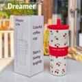 Portable stainless steel vacuum insulated tumbler with cute cherry pattern, straw and lanyard. - Portable Straw Cup - Red