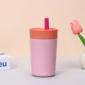 Rosa und orangefarbene 304 Edelstahl Isolier-Kaffeetasse mit Strohhalm für Reisen - 12oz / Rosa
