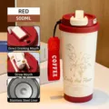 Red 500ml lily of the valley coffee tumbler in 316 stainless steel with strap - 316 Stainless Steel Liner / Retro Red Lily of the Valley