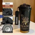 Black 500ml Lily of the Valley 316 stainless steel coffee tumbler with dual-use lid - 316 Stainless Steel Liner / Gentleman Black Lily of the Valley