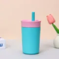 Owala-Stil Isolierbecher aus 304 Edelstahl mit Strohhalm in Blau und Rosa für Kaffee - 12oz / Hellblau