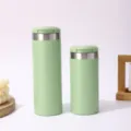 Premium light green stainless steel insulated travel mug shown in two different sizes - 350 Units/Pack / Green
