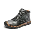 Handmade black leather mid-top men's boots with orange stitching - 38 / Black