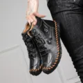 Men's retro black leather boots with orange hand-stitched detailing and soft sole - 38 / Black (Fleece Lined)