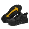 Close-up of outdoor hiking water shoes with rugged non-slip yellow and black soles - 36 / Dark Gray