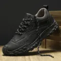 Men's retro handmade black leather casual shoes with rugged soles for outdoor hiking - 38 / Black 8602
