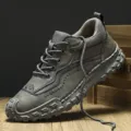 Vintage handmade men's grey leather outdoor hiking shoes with rugged rubber sole - 38 / Gray (8602)