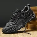 Vintage black leather outdoor casual sneakers for men featuring a rugged anti-slip sole - 38 / Black (8601)