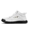 Men's vintage white mid-top Martin boots featuring unique contrast stitching details - 38 / White