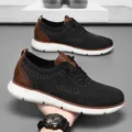 Breathable black knit men's casual sports sneaker with stylish brown leather heel accents - 39 / Black