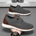 Breathable grey mesh men's casual sports shoes with brown leather trim and white soles - 39 / Gray