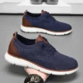 Premium navy blue breathable mesh men's sports sneakers with brown leather trim - 39 / Blue