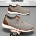 Breathable khaki mesh men's casual sports shoes with brown leather trim and white sole - 39 / Khaki