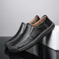 Mocassini classici in pelle nera da uomo con cuciture decorative a mano - 38 / Nero