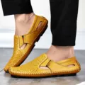 Mocassini da uomo in pelle gialla traspirante con cuciture a mano e stile casual - 38 / Giallo