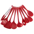 Juego de 10 utensilios de cocina de silicona roja resistente al calor para sartenes - Juego (Sin Estante) / Rojo